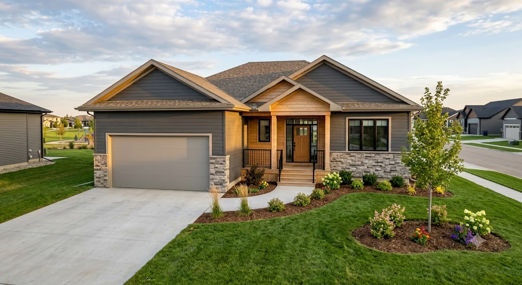Traditional gray craftsman ranch with twin gables